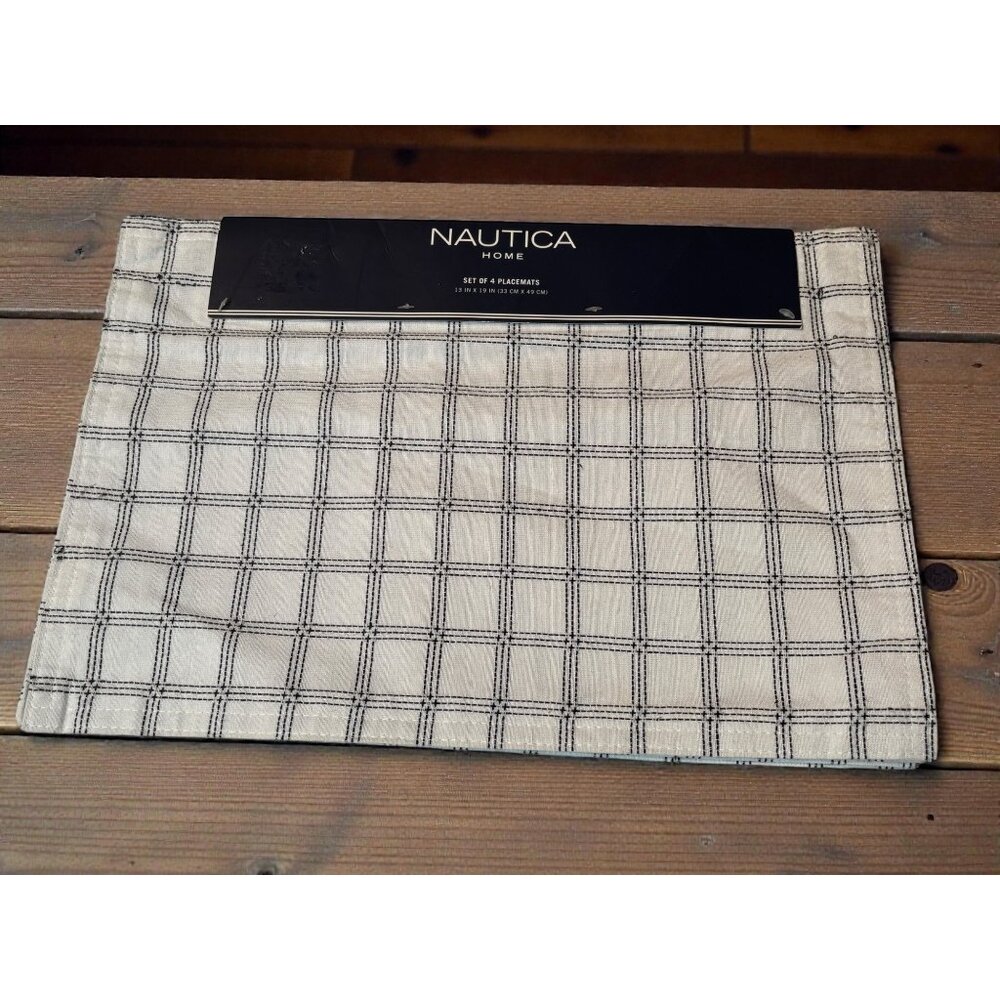 Nautica Home Set Of 4 Placemats 13” X 19” Black & White Plaid 35% Cotton 65% Pol